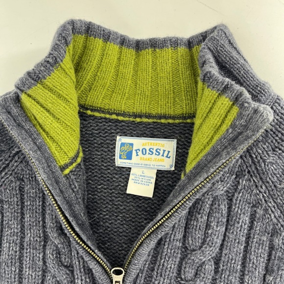 Fossil Brand Jeans Men's Gray Cable Knit Quarter Zip Sweater L Lambswool Blend - Picture 2 of 8